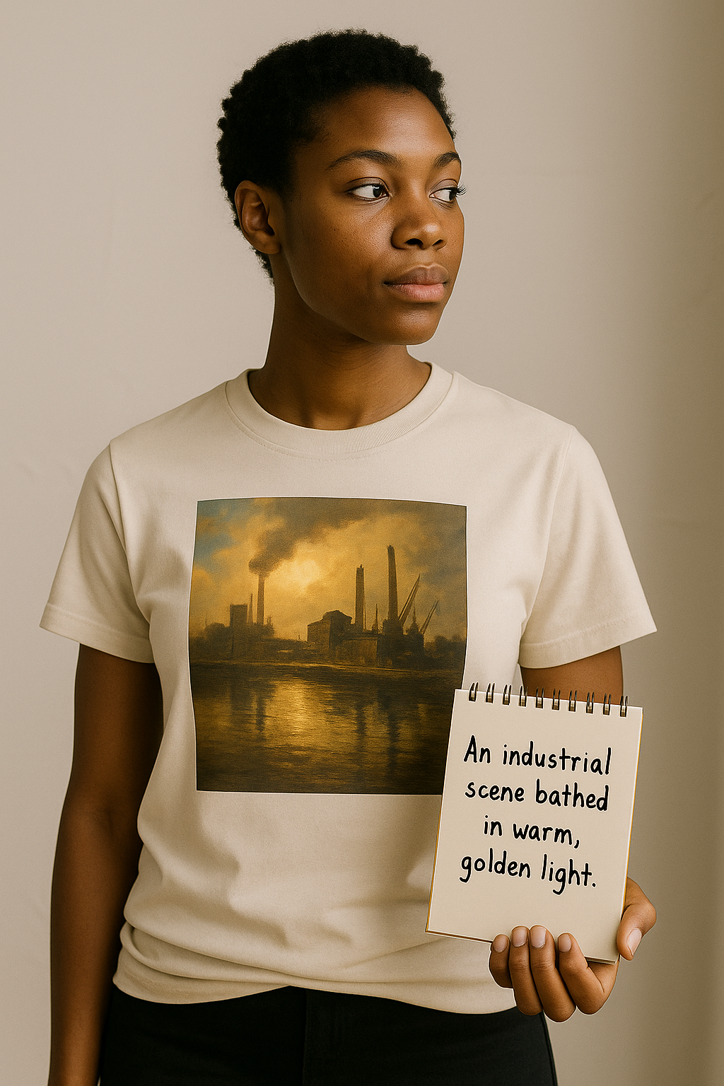 A model wearing a cream ChatGPTees tee with an industrial scene bathed in golden light
